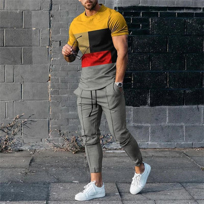 Ensemble de survêtement à manches courtes pour hommes, t-shirt décontracté, olympiques Y-pantalon, vêtements à col rond, mode sportive, fjCasual, 2 pièces