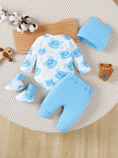 Ensemble de Vêtements pour Bébé Garçon de 0 à 9 Mois, Tenue à Manches sulf, Pantalon, Chapeau et Chaussettes, 4 Pièces/Ensemble, Printemps Automne
