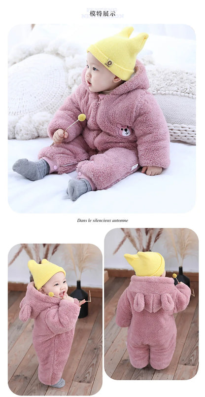 Barboteuse pour nouveau-né, ours en peluche mignon, garçon, automne hiver, garde au chaud, à capuche, combinaison globale pour nourrissons filles, vêtements d'extérieur