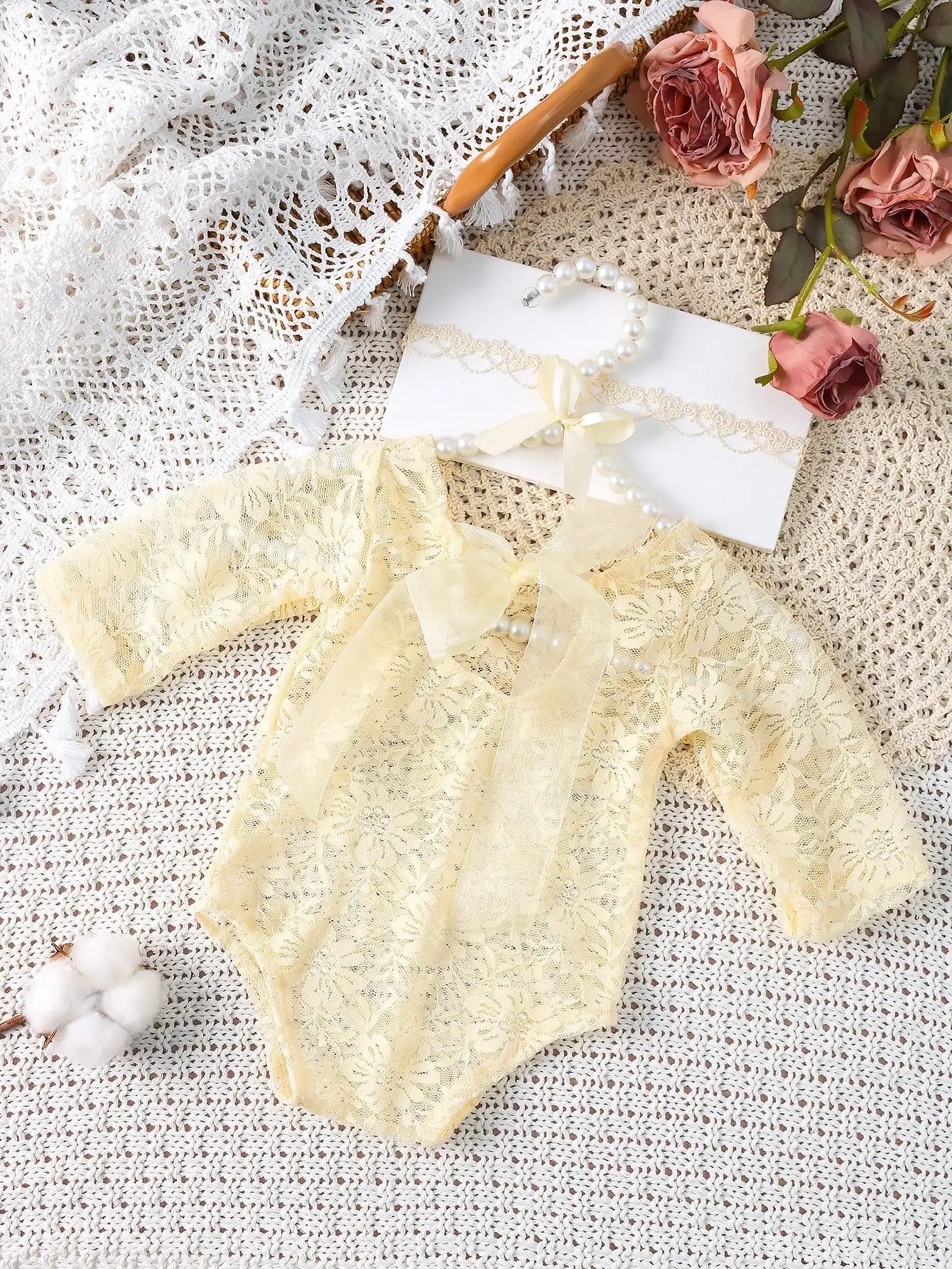 Ylsteed – ensemble 2 pièces pour nouveau-né, barboteuse en dentelle, tenues de photographie pour nourrissons avec bandeau assorti, accessoires de prise de vue Photo pour bébé fille