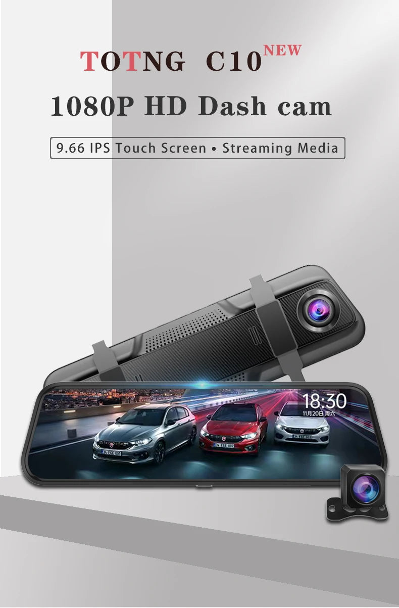 10 pouces pour voiture écran tactile enregistreur vidéo rétroviseur Dash Cam caméra avant et arrière miroir DVR (caméra arrière en option)