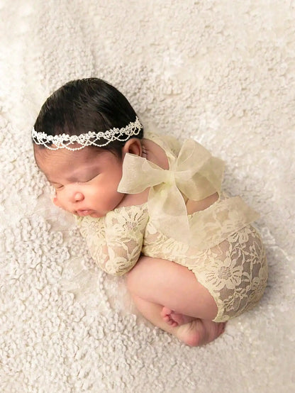Ylsteed – ensemble 2 pièces pour nouveau-né, barboteuse en dentelle, tenues de photographie pour nourrissons avec bandeau assorti, accessoires de prise de vue Photo pour bébé fille