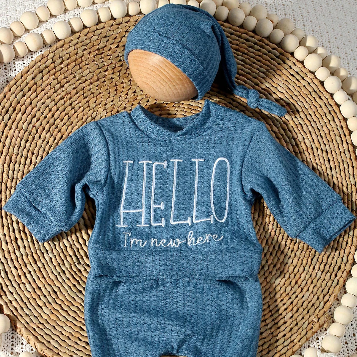 Ylsteed "bonjour" broderie nouveau-né photographie accessoires infantile barboteuse combinaison avec chapeau à nœud bébé à la maison tenue bébé Photo cadeau