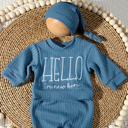 Ylsteed "bonjour" broderie nouveau-né photographie accessoires infantile barboteuse combinaison avec chapeau à nœud bébé à la maison tenue bébé Photo cadeau