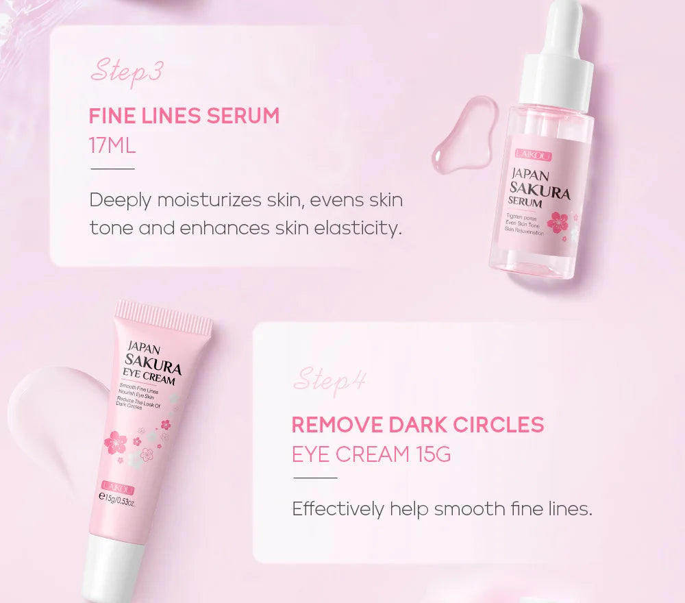 LAIKOU Sakura ensembles de soins de la peau nettoyant pour le visage crèmes pour les yeux crème pour le visage sérum Lotion Toner éclaircissant hydratant Kit de soins du visage