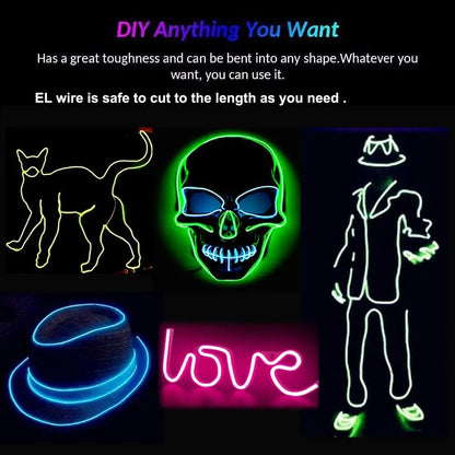 EL – fil lumineux de couleur 3M/5M/10M, avec adaptateur USB, bande lumineuse néon 360, corde lumineuse découpable pour fête d'halloween, décoration DIY