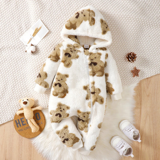Combinaison d'hiver en peluche pour bébé fille, à la mode, décontractée, mignonne, motif petit ours, fermeture éclair inclinée, capuche, manches longues
