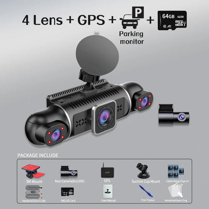 Caméra de tableau de bord DVR pour voiture, 64 go, 360 degrés, WiFi, GPS, moniteur de stationnement 24h, 4 objectifs * HD 1080P, enregistreur vidéo, contrôle par application, outil filaire