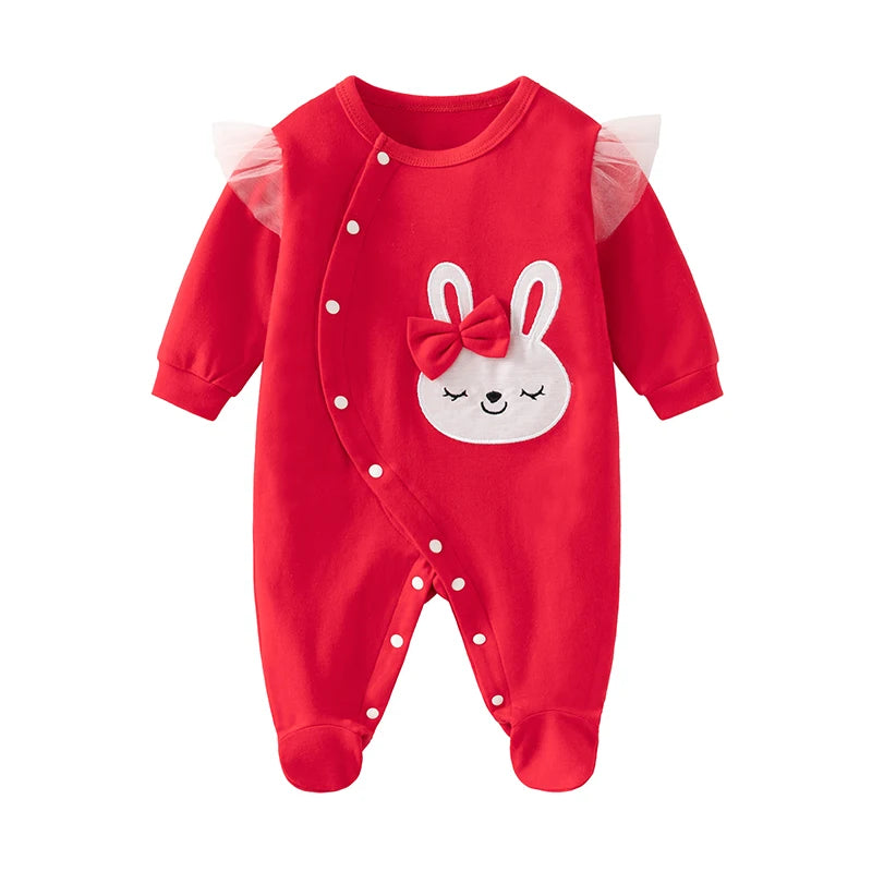 Combinaison printemps et automne pour nouveau-né fille, à manches longues, en pur coton, lapin brodé de dessin animé jaune mignon