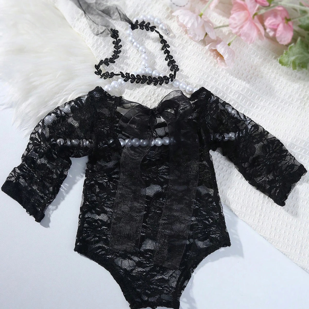 Ylsteed – ensemble 2 pièces pour nouveau-né, barboteuse en dentelle, tenues de photographie pour nourrissons avec bandeau assorti, accessoires de prise de vue Photo pour bébé fille