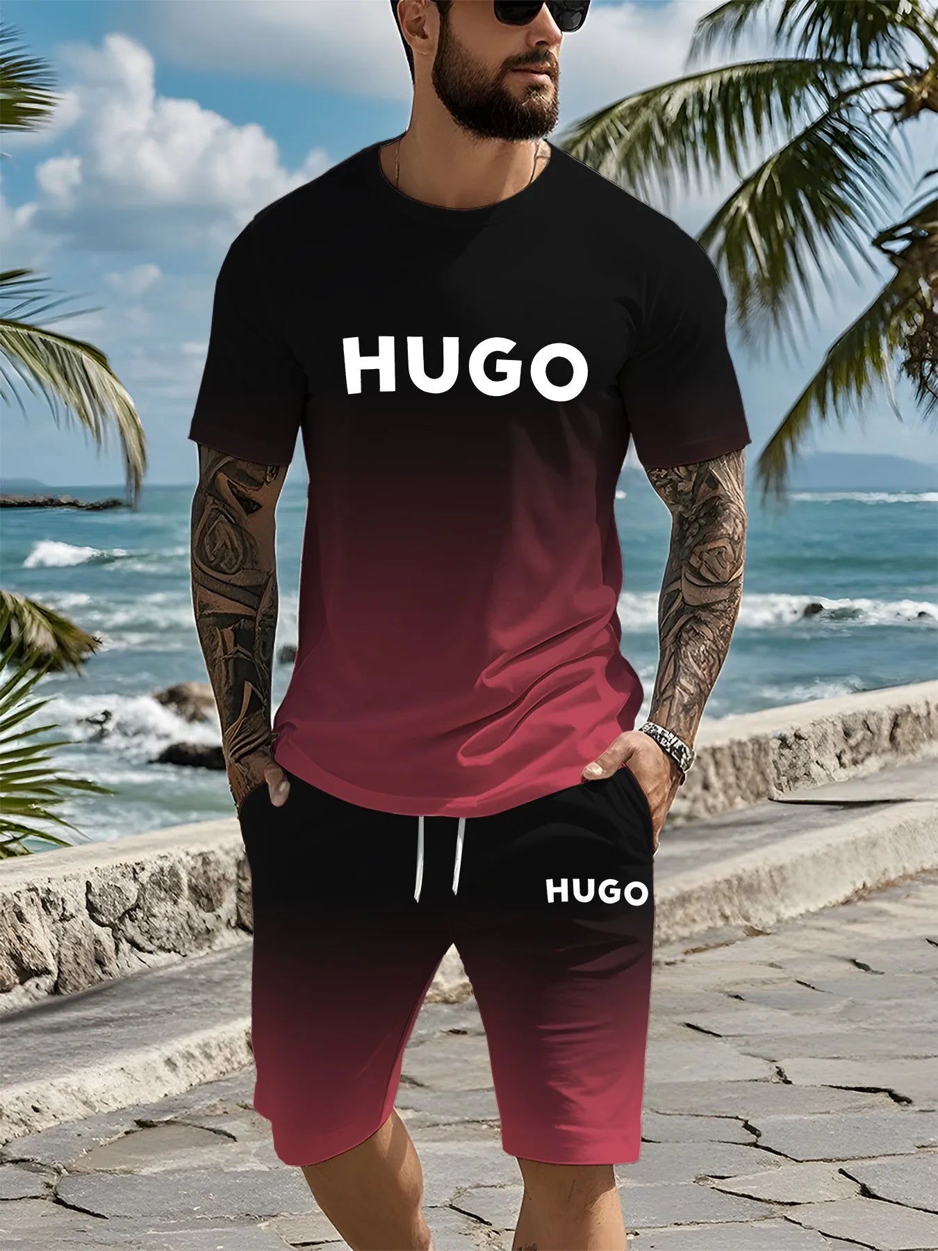 Un tout nouveau ensemble de vêtements pour hommes imprimés numériques en 3D de marque tendance d'été, un vêtement décontracté à la mode adapté aux hommes et aux femmes, bre