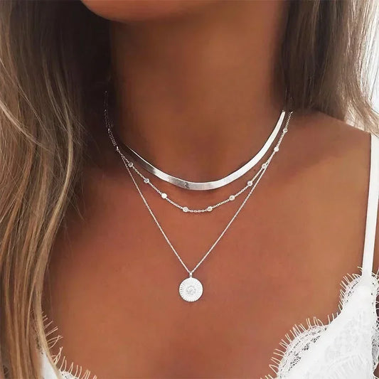 Collier rond à trois couches en argent Sterling 925 pour femmes, chaîne serpent Simple, breloque boule, cadeau de fête, bijoux exquis pour femmes
