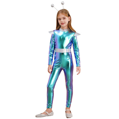 Costume de Cosplay Alien pour filles et garçons, combinaison d'astronaute à manches longues avec cerceau pour cheveux, pour fête de carnaval d'halloween