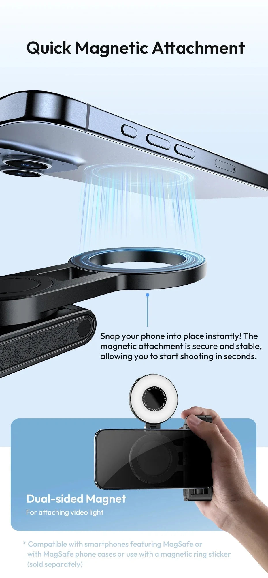 Trépied de téléphone magnétique sans fil, poignée de téléphone, perche à Selfie, trépied de bureau pour iPhone 16 15 14 13 12 Pro Max pour support de téléphone Samsung