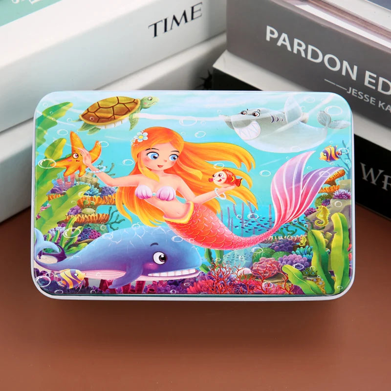Puzzle de dessin animé 60 pièces avec boîte en métal, Puzzle de véhicule Animal d'éducation précoce pour enfants, jeu d'interaction Parent-enfant