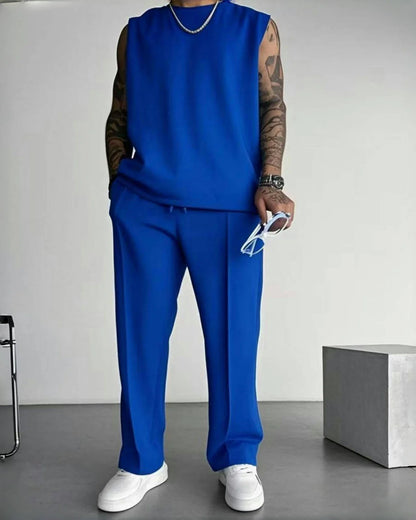 Nouveau costume de sport sans manches d'été 2025 pantalon de couleur unie décontracté pour hommes vêtements pour hommes gilet ensemble deux pièces,