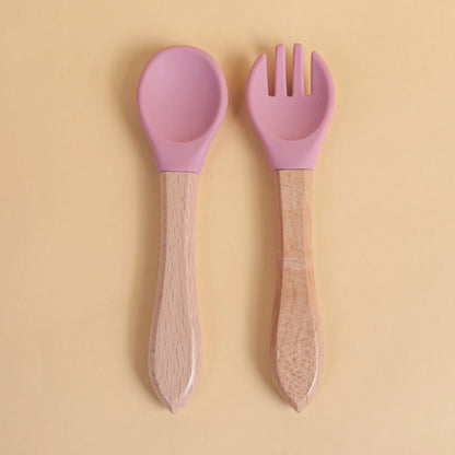 2 pièces/ensemble vaisselle bébé cuillère fourchette ensemble enfants Silicone bois alimentation formation bébé vaisselle couverts bébé alimentation fournitures