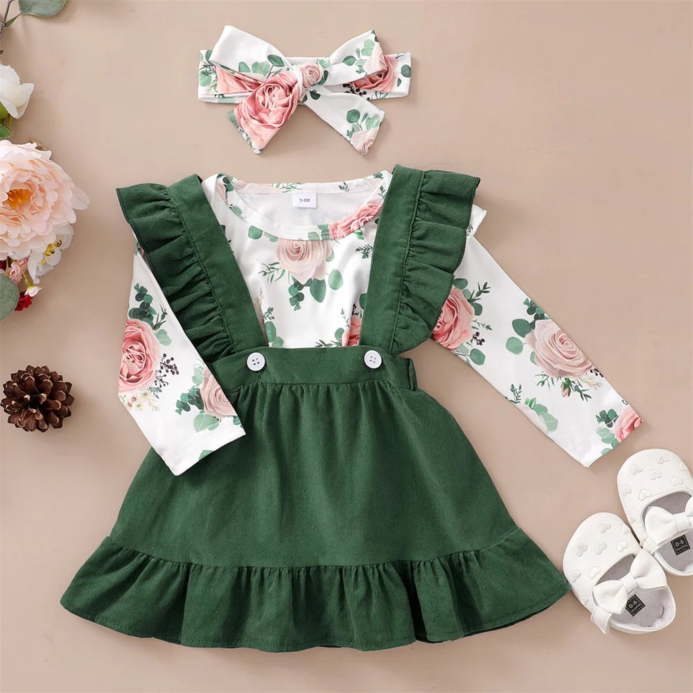 Ensemble de vêtements 3 pièces pour nouveau-né fille, haut floral à manches longues, jupe à bretelles, vêtements de sauna, mode printemps et automne, 0 à 12 mois, 03 tenue