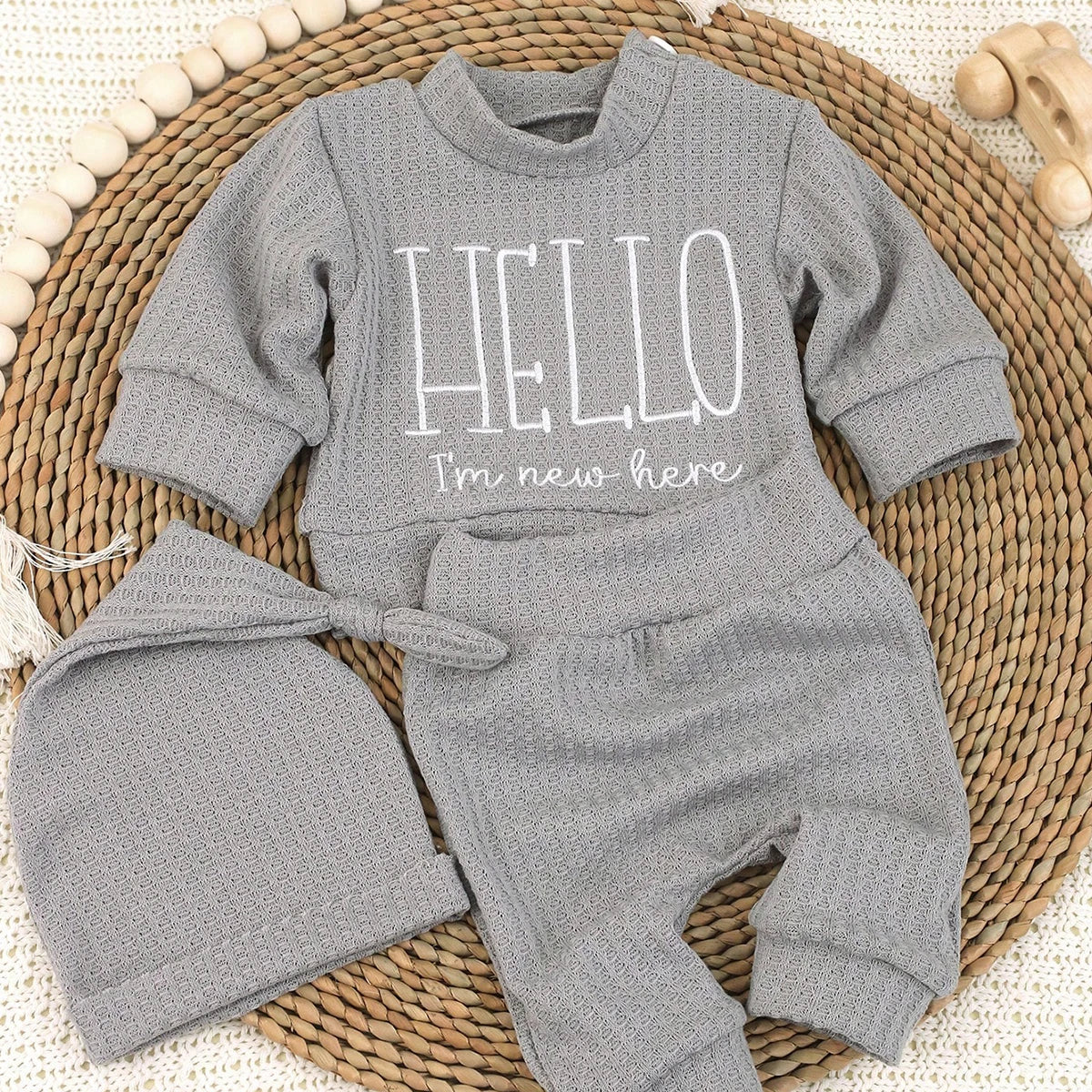 Ylsteed "bonjour" broderie nouveau-né photographie accessoires infantile barboteuse combinaison avec chapeau à nœud bébé à la maison tenue bébé Photo cadeau