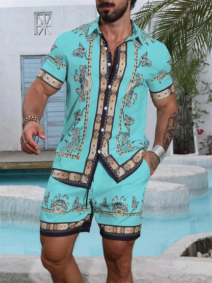2025 Chemise à manches courtes pour hommes avec motif rétro imprimé bleu pour des vacances d'été décontractées, à la mode et quotidiennes
