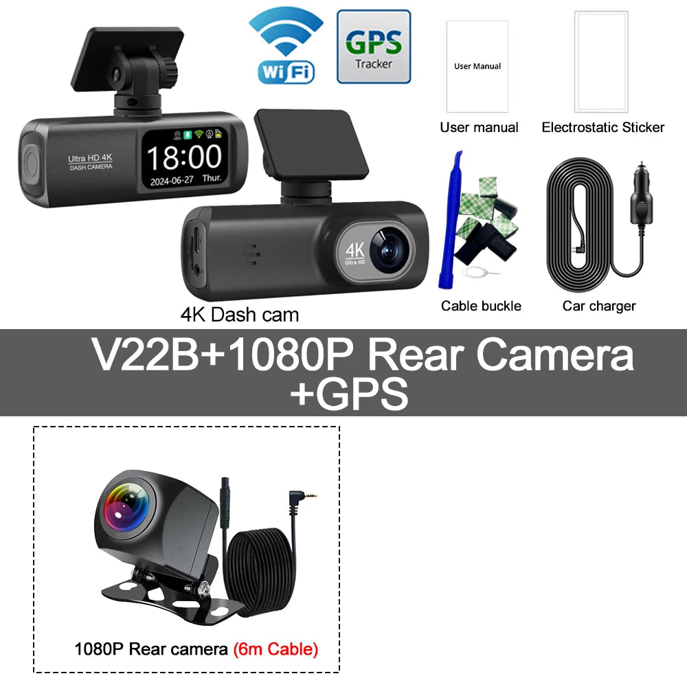 UHD 4K WiFi Dash Cam double objectif enregistreur de conduite voiture DVR en option 1080P caméra à objectif arrière GPS 24H surveillance du stationnement boîte noire