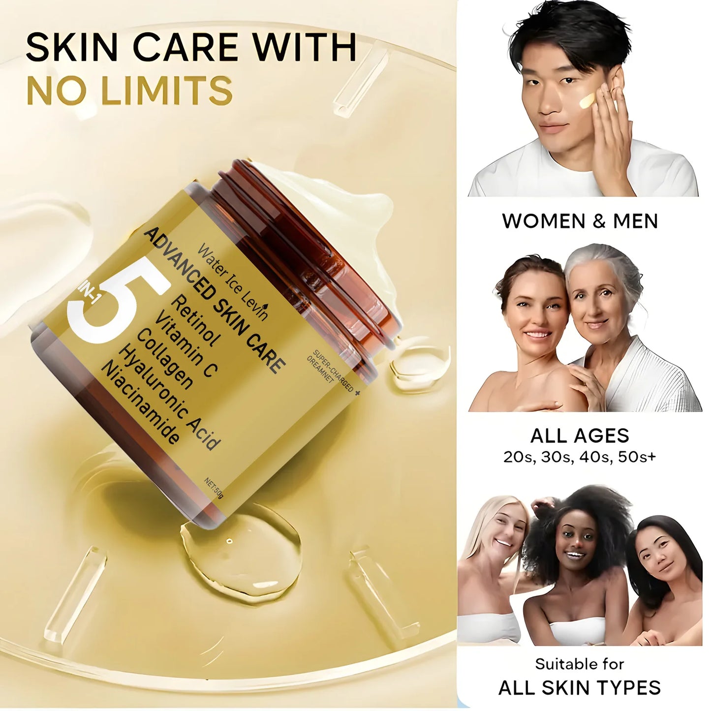 La crème pour le visage contient l'acide hyaluronique, le collagène, le rétinol et la niacinamide hydrate et la nutrition, douce, d'élasticité et énergique pour la peau