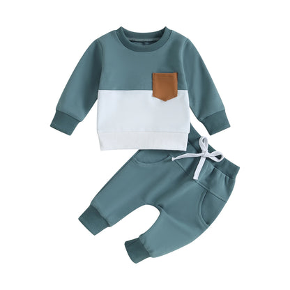 Survêtement d'hiver 2 pièces pour bébé, tenues pour garçons en bas âge, couleur contrastée, sweat-shirt à manches longues, hauts et pantalons longs, ensemble de vêtements pour tout-petits