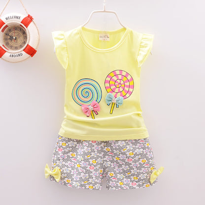 Nouveau bébé filles vêtements ensembles été enfants t-shirts hauts + pantalons courts vêtements costume enfant en bas âge fille sucette imprimé ensembles de vêtements pour bébés