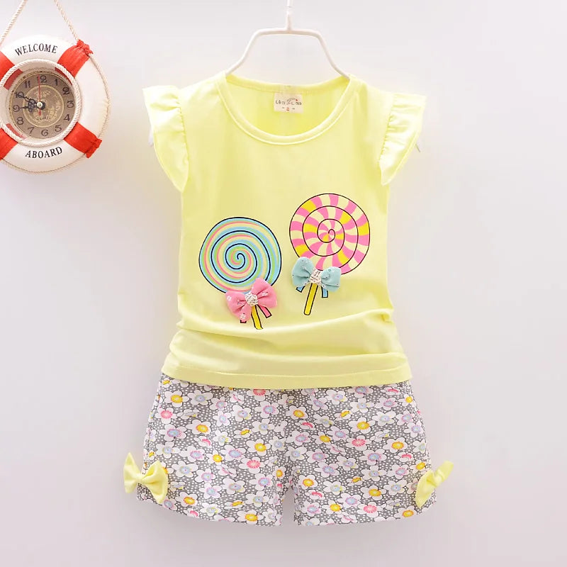 Nouveau bébé filles vêtements ensembles été enfants t-shirts hauts + pantalons courts vêtements costume enfant en bas âge fille sucette imprimé ensembles de vêtements pour bébés