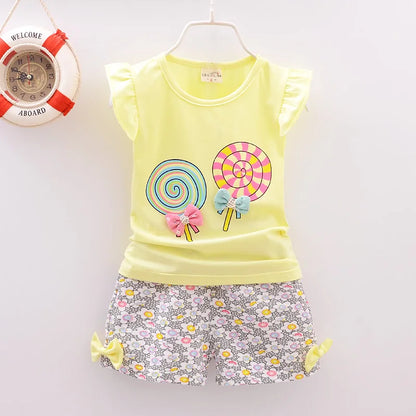 Nouveau bébé filles vêtements ensembles été enfants t-shirts hauts + pantalons courts vêtements costume enfant en bas âge fille sucette imprimé ensembles de vêtements pour bébés