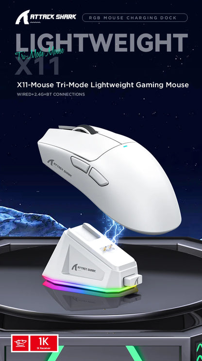 ATTACK SHARK X11 Souris de jeu sans fil légère avec rétroéclairage RVB, jusqu'à 22 K DPI, capteur optique PAW3311, commutateur HUYU