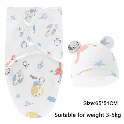 Ensemble de couverture et chapeau pour bébé de 0 à 6 mois, en coton imprimé de dessin animé, emmaillotage réglable pour nouveau-né, enveloppes de couchage pour nourrissons, toutes saisons