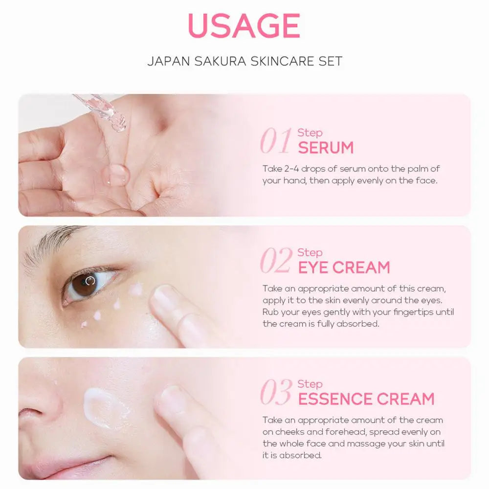 Coffret de soins pour le visage Crème nettoyante Sakura Essence Tonique hydratant blanchissant et anti-âge Crème pour les yeux Sérum pour le visage Soins de la peau pour les yeux