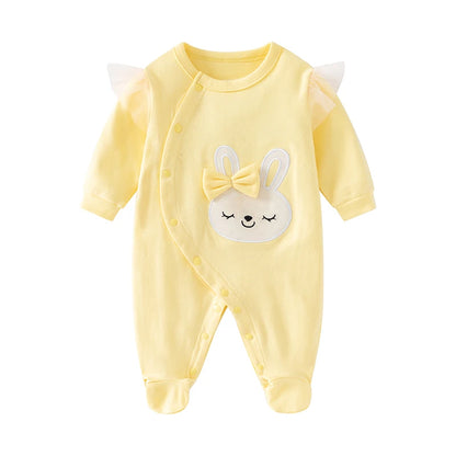 Combinaison printemps et automne pour nouveau-né fille, à manches longues, en pur coton, lapin brodé de dessin animé jaune mignon