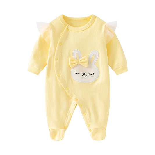 Combinaison printemps et automne pour nouveau-né fille, à manches longues, en pur coton, lapin brodé de dessin animé jaune mignon