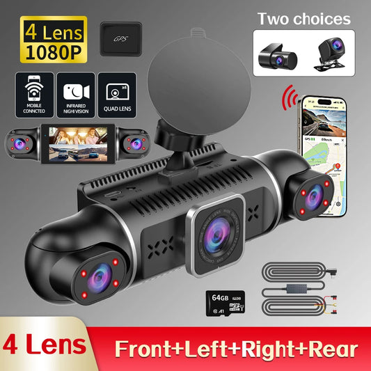 Caméra de tableau de bord DVR pour voiture, 64 go, 360 degrés, WiFi, GPS, moniteur de stationnement 24h, 4 objectifs * HD 1080P, enregistreur vidéo, contrôle par application, outil filaire