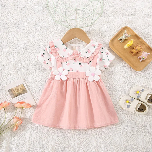 (0-3 ans) été bébé fille coton fleur faux deux pièces bandoulière robe fille mignon robe à manches courtes