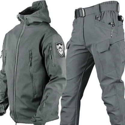 Combinaison camouflage épaisse pour hommes, ensemble d'entraînement tactique imperméable, veste à capuche multi-poches, pantalon polaire, chasse en plein air, 2 pièces, hiver