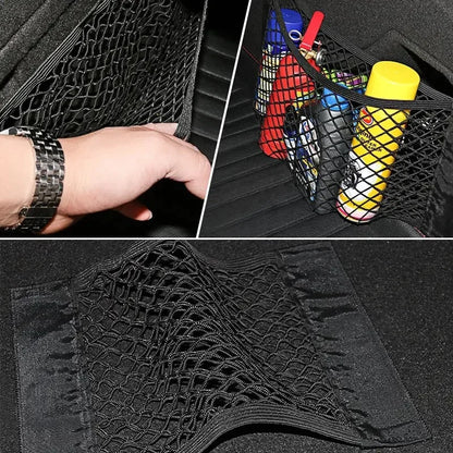 Sac de rangement universel pour voiture Filet de coffre à double maille Sac de rangement intégré Filet de fixation pour extincteur Filet antidérapant Filet de rangement voiture Filet de coffre double maille automobile