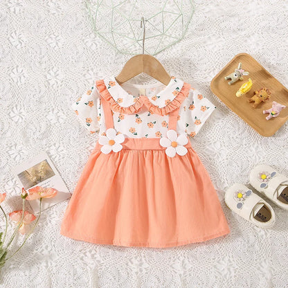 (0-3 ans) été bébé fille coton fleur faux deux pièces bandoulière robe fille mignon robe à manches courtes