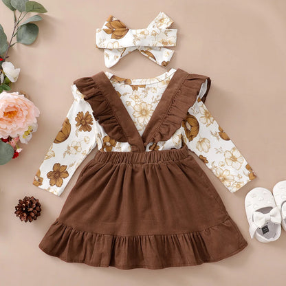 Ensemble de vêtements 3 pièces pour nouveau-né fille, haut floral à manches longues, jupe à bretelles, vêtements de sauna, mode printemps et automne, 0 à 12 mois, 03 tenue