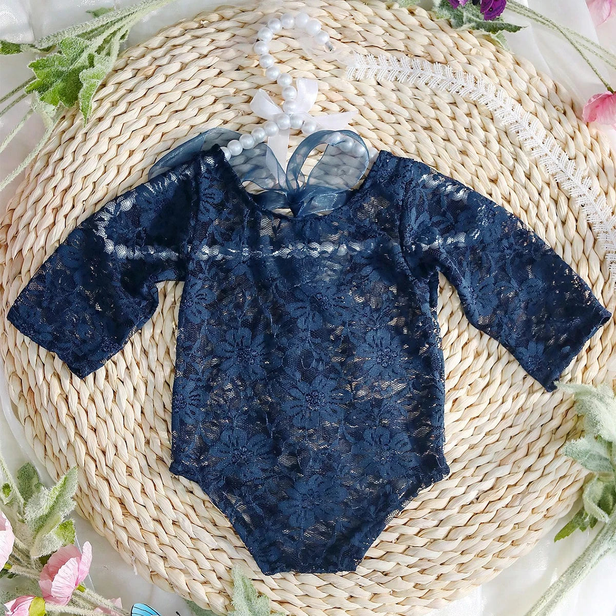 Ylsteed – ensemble 2 pièces pour nouveau-né, barboteuse en dentelle, tenues de photographie pour nourrissons avec bandeau assorti, accessoires de prise de vue Photo pour bébé fille