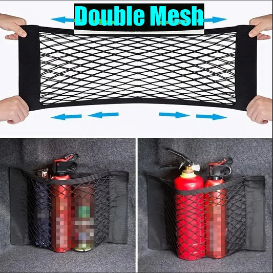 Sac de rangement universel pour voiture Filet de coffre à double maille Sac de rangement intégré Filet de fixation pour extincteur Filet antidérapant Filet de rangement voiture Filet de coffre double maille automobile