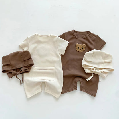 Combinaison d'été pour bébés filles et garçons, manches courtes, Patch gaufré, ours, nouveau-né, barboteuse en coton, chapeau cadeau avec oreille, nouvelle collection