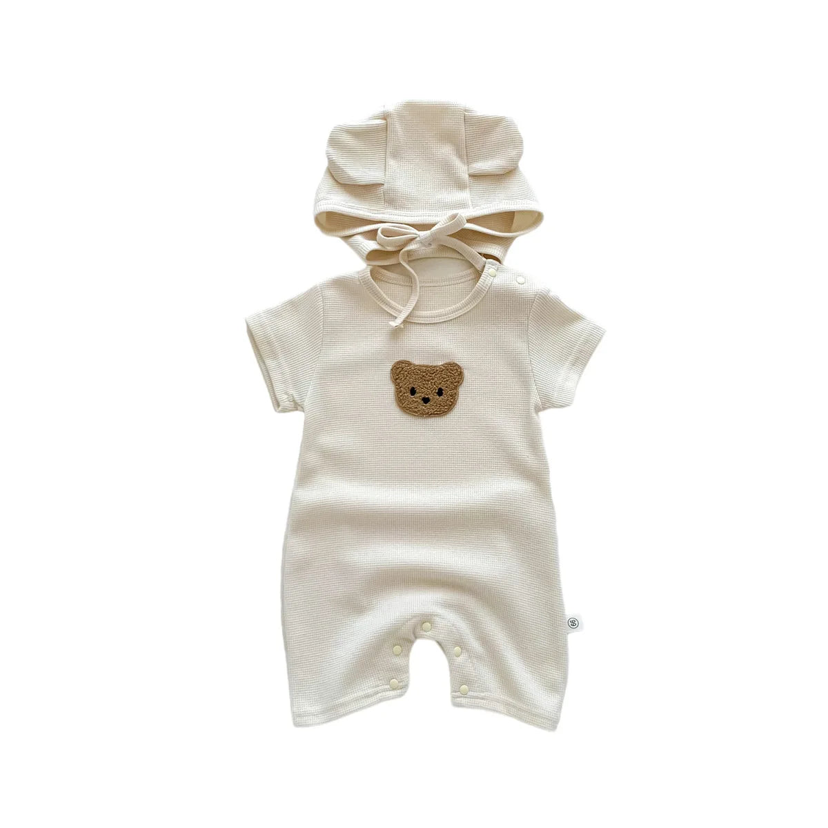 Combinaison d'été pour bébés filles et garçons, manches courtes, Patch gaufré, ours, nouveau-né, barboteuse en coton, chapeau cadeau avec oreille, nouvelle collection