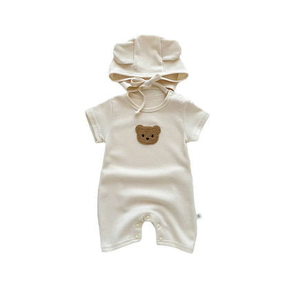 Combinaison d'été pour bébés filles et garçons, manches courtes, Patch gaufré, ours, nouveau-né, barboteuse en coton, chapeau cadeau avec oreille, nouvelle collection