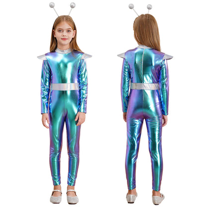 Costume de Cosplay Alien pour filles et garçons, combinaison d'astronaute à manches longues avec cerceau pour cheveux, pour fête de carnaval d'halloween
