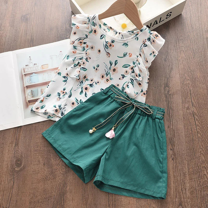 Bear Leader – vêtements pour enfants filles, chemise + short à rayures, costume 2 pièces, avec nœud floral, à la mode, ensembles de vêtements pour enfants, 2022