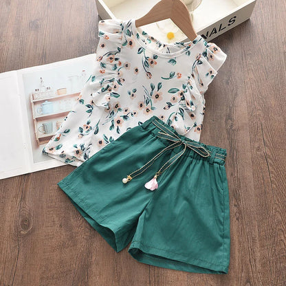 Bear Leader – vêtements pour enfants filles, chemise + short à rayures, costume 2 pièces, avec nœud floral, à la mode, ensembles de vêtements pour enfants, 2022