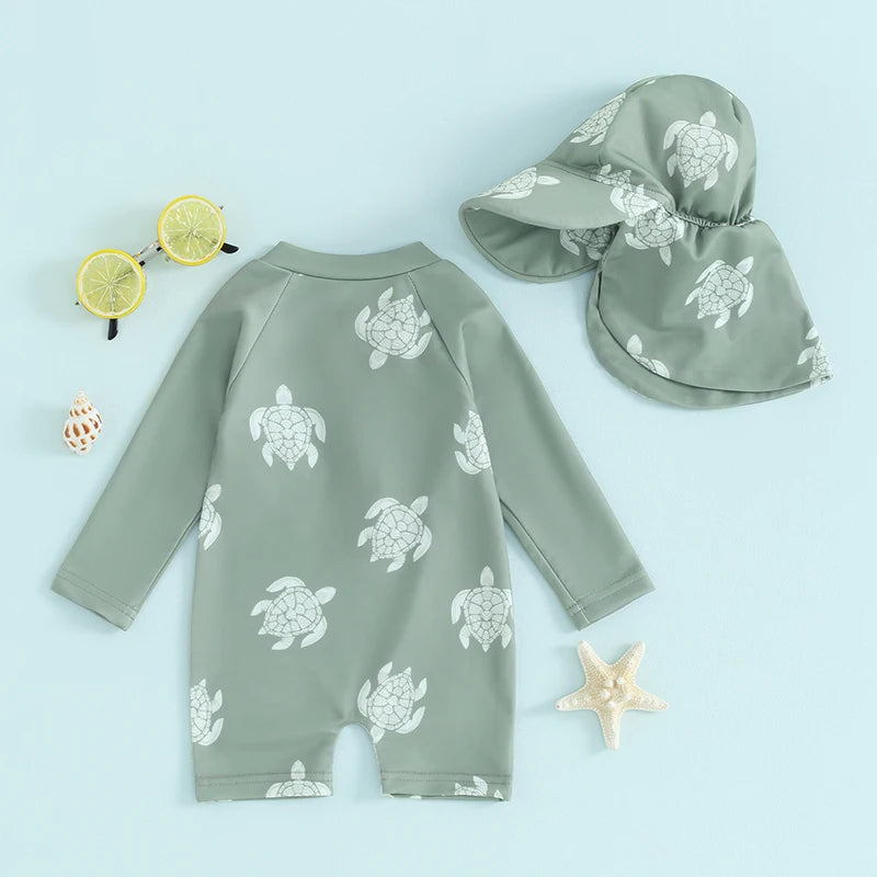 Tregren – maillot de bain pour garçons, protection contre les éruptions cutanées, manches longues, imprimé tortue/dinosaure, avec bonnets de bain, vêtements de plage